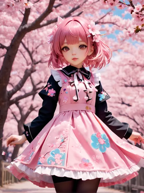 Psychedelic Sakura Space , Very detailed, Vibrant Color Lisa Candid Style,Sakura girl, Layered art, Sakura petals fell gently around her。She has flowing cherry blossom hair，Quiet and sweet expression，(Wearing a dress with a cherry blossom pattern, black so...