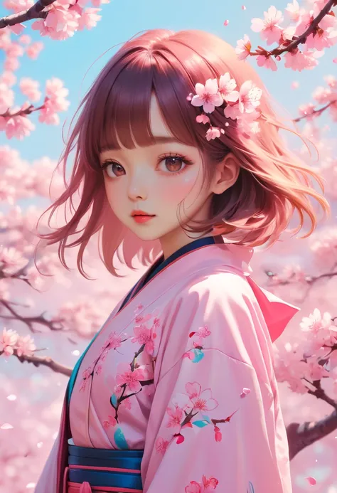 Psychedelic Sakura Space , Very detailed, Vibrant Color Lisa Candid Style,Sakura girl, Layered art, Sakura petals fell gently around her, pastel color palette，The ethereal beauty of blooming cherry blossoms。Rich details，花瓣的细腻纹理以及Sakura girl表情所传达的微妙情感