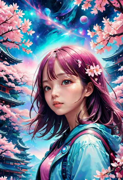 Psychedelic Sakura Space , Very detailed, Vibrant Color Lisa Candid Style,Sakura girl, Layered art,