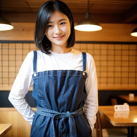 Japanese woman in her 30s,Wear a white Japanese happi,A Japanese obi with a simple white and indigo pattern is tied around the waist.、Kappogi、laughter,Guide to a sushi restaurant,Wooden Japanese-style interior、Recruiting members,