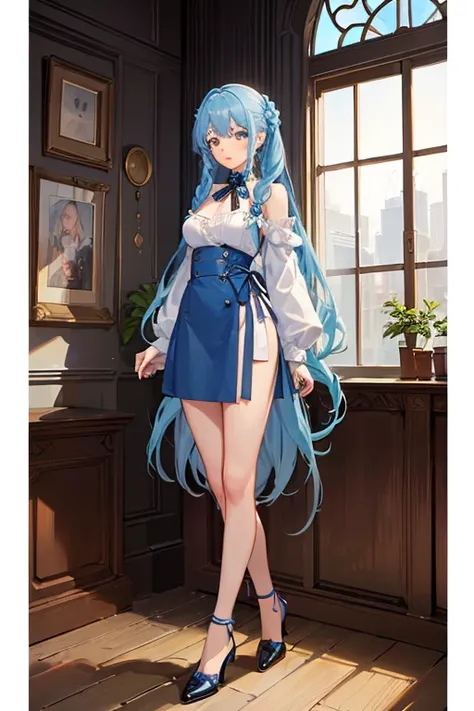 ((highest quality)), ((masterpiece)), (be familiar with), perfect face, one girl、15 years old、big breasts、small face、long hair、silky hair、foreign style braids、pastel blue hair、Full body figure、Work clothes、shoes、