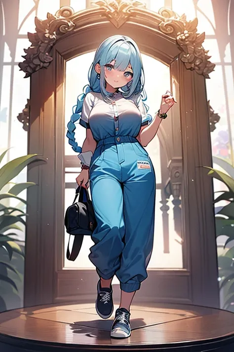 ((highest quality)), ((masterpiece)), (be familiar with), perfect face, one girl、15 years old、big breasts、small face、long hair、silky hair、foreign style braids、pastel blue hair、Full body figure、Work clothes、Jumpsuit、shoes、