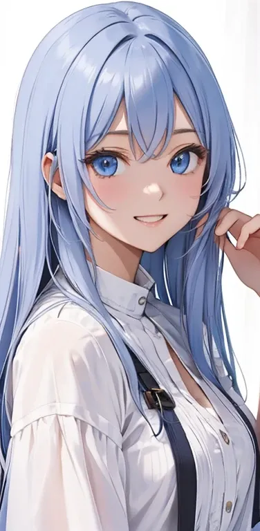 (8K、highest quality、masterpiece:1.2)、Super detailed、super resolution、Realistic、1girl、(two-color hair, white:1.5)、blue eyes、(eye focus:1.3,face focus:1.3,upper body:1.5),(gradient hair:1.5),(blouse:1.3)、(grin:1.3),cute face,small breasts,portrait,zydG
