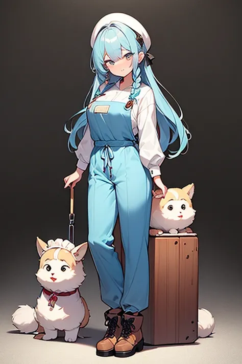 ((highest quality)), ((masterpiece)), (be familiar with), perfect face, one girl、15 years old、big breasts、small face、long hair、silky hair、foreign style braids、pastel blue hair、Full body figure、standing position、khaki、Work clothes、Jumpsuit、work apron、safety...