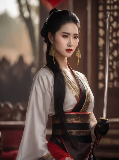 Ancient Chinese heroine，black long skirt，arrogant，Aloof，Perfect facial features，fit，sword，holding a sword，whole body，In the palace，night