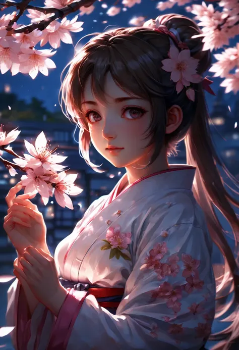 girl, amazing beauty, detailed characters, holding sakura, light spot, reflection, anime style, key visual, vibrant, studio anime, highly detailed, junoesque, (best quality, masterpiece, Representative work, official art, Professional, Ultra intricate deta...