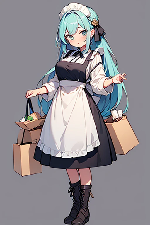 ((highest quality)), ((masterpiece)), (be familiar with), perfect face, one girl、15 years old、big breasts、small face、long hair、silky hair、foreign style braids、pastel blue hair、Full body figure、standing position、khaki、Work clothes、Jumpsuit、work apron、safety...