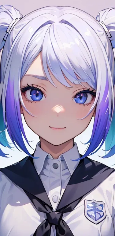 (8K、highest quality、masterpiece:1.2)、Super detailed、super resolution、Realistic、1girl、(two-color hair, white:1.5)、twintails,blue eyes、(eye focus:1.3,face focus:1.3,upper body:1.5),(gradient hair:1.5),(school uniform:1.3)、(happy:1.3),cute face,small breasts,...