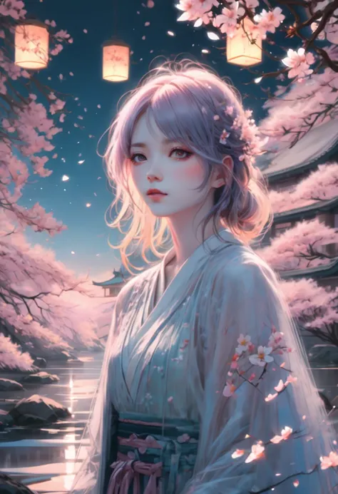 1girl, The Sakura Maiden, aesthetic, Incredible, detailed fluid gouache illustration of an enchanting, glowing sakura garden at sunset by renowned artists including Jeremy Mann and Winslow Homer. Features sharp focus, vivid colors, fireflies and a hyperrea...