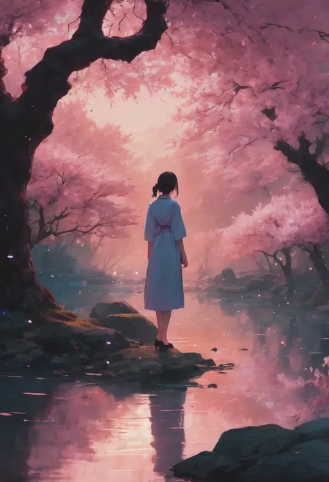 1girl, The Sakura Maiden, aesthetic, Incredible, detailed fluid gouache illustration of an enchanting, glowing sakura garden at sunset by renowned artists including Jeremy Mann and Winslow Homer. Features sharp focus, vivid colors, fireflies and a hyperrea...