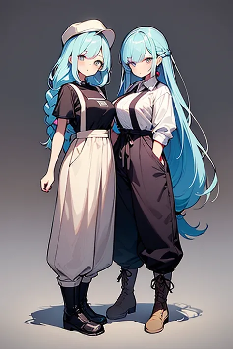 ((highest quality)), ((masterpiece)), (be familiar with), （simple background）、perfect face, one girl、15 years old、big breasts、small face、long hair、silky hair、foreign style braids、pastel blue hair、Full body figure、standing position、khaki、Work clothes、pants、...