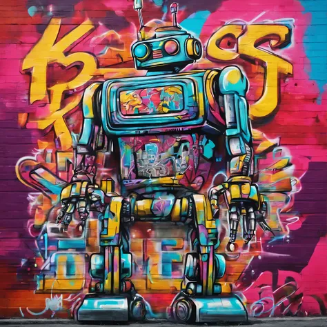 realistic and design robot who made graffiti on the wall with calligraphie letters with a lot of colors , for 3  big letters dho are K F C in 3 dimensions with the style of subliminal and magical finishîng 