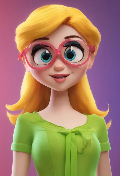 uma  loirinha olhos verdes estilo dysney pixar com a roupa da mirabel e oculos verde sem lente,cabelos lisos