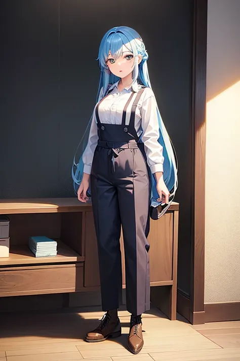 ((highest quality)), ((masterpiece)), (be familiar with), perfect face, one girl、15 years old、big breasts、small face、long hair、silky hair、foreign style braids、pastel blue hair、Full body figure、standing position、khaki、Work clothes、pants、Jumpsuit、work apron、...