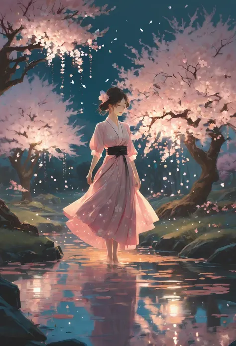 1girl, the sakura maiden, aesthetic, incredible, detailed fluid gouache illustration of an enchanting, glowing sakura garden at ...