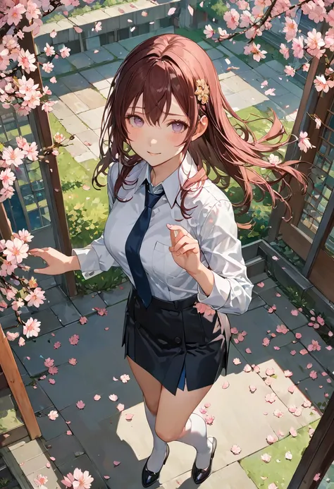 girl, Sakura, from above, looking at viewer, petals dancing down, office uniform, junoesque, masterful, noon, (best quality, masterpiece, Representative work, official art, Professional, Ultra intricate detailed, 8k:1.3)