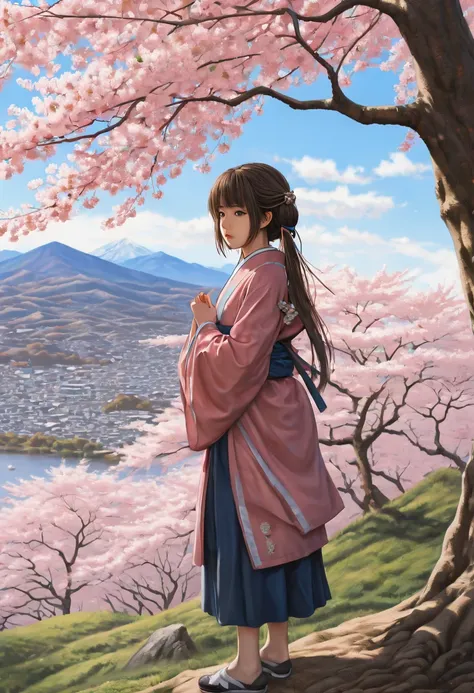 girl, Sakura, hill, noon, best quality, masterpiece, Representative work, official art, Professional, Ultra intricate detailed, 8k