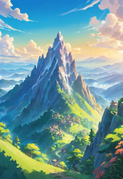 Mountains in a magical world, a close-up image with magical, picturesque, peaceful views, the best resolution and quality, with beautiful sunlight 