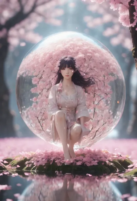 1girl, The Sakura Maiden, aesthetic, Cherry blossom in a glass sphere tilt shift 16k bokeh sparkles surrounded by floating petals, detailed matte painting, deep color, fantastical, intricate detail, splash screen, complementary colors, fantasy concept art,...