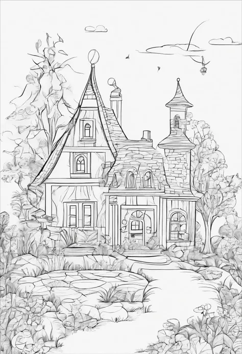 fairy home line drawing background, white background, monochrome, line drawing, ((sketch)), for coloring