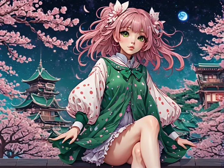 (best quality, highres, ultra sharp), (magical cute sakura maiden:1.2). with (exaggerated hair, huge fluffy hair, expanded hair, exagerated voluminous hair, small freckles, green sweater with small dots, details, horsehair, fluffy, socks, magic background,...