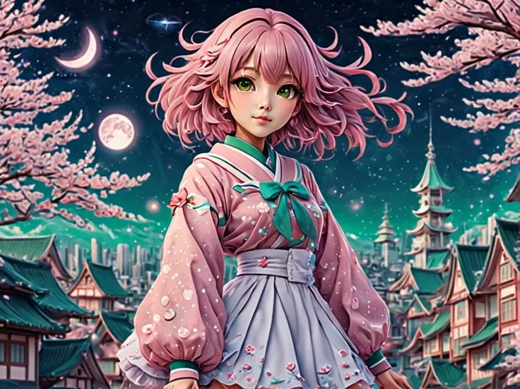 (best quality, highres, ultra sharp), (magical cute sakura maiden:1.2). with (exaggerated hair, huge fluffy hair, expanded hair, exagerated voluminous hair, small freckles, green sweater with small dots, details, horsehair, fluffy, socks, magic background,...