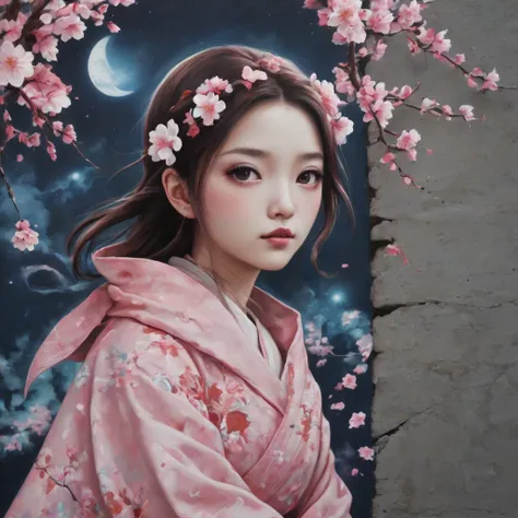 (masterpiece, best quality), Graffiti of a magical sakura maiden, on a street wall, signed by the word "TUPU".