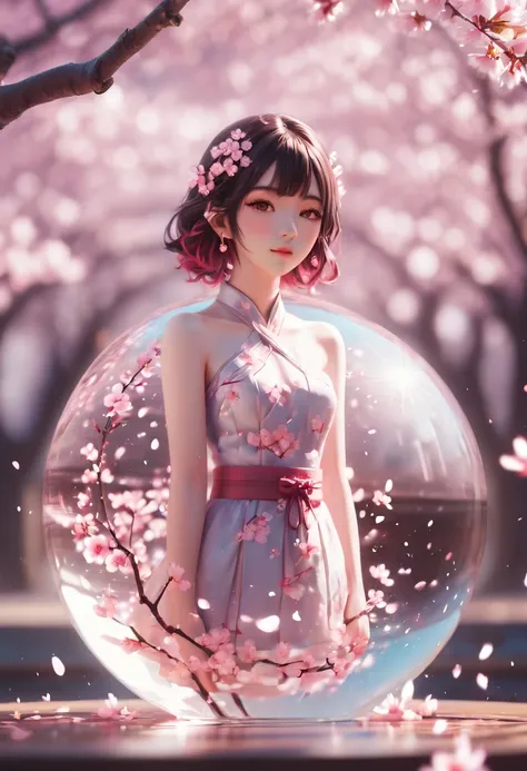 1girl, The Sakura Maiden, aesthetic, Cherry blossom in a glass sphere tilt shift 16k bokeh sparkles surrounded by floating petals, detailed matte painting, deep color, fantastical, intricate detail, splash screen, complementary colors, fantasy concept art,...