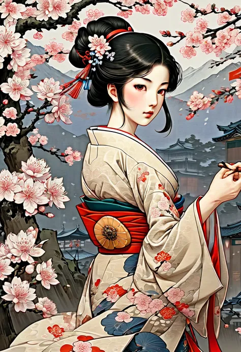 Ukiyoe, girl, Sakura, junoesque, masterful, (best quality, masterpiece, Representative work, official art, Professional, Ultra intricate detailed, 8k:1.3)