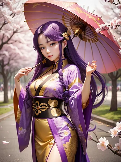 22 years old chinese girl. Long purple hair and tied. Wear a beautiful layered gold long  glamour kimono. Elegant, calm and prosperous. Bring umbrella and use it. Random pose. On the sakura tree where many sakura flowers falls down... 