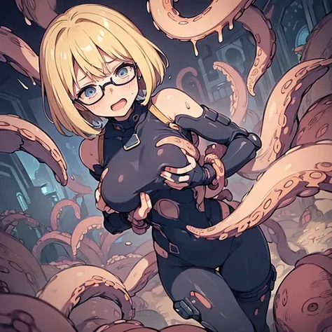 (masterpiece), best quality, expressive eyes, perfect face, ((1 mature woman, solo, looks smart, blond hair, short bob hair, glasses, azure pilot suit, pantiles, torn clothes, mechanical armor, broken armor)), large breast, large butt, ((alien tentacles, t...