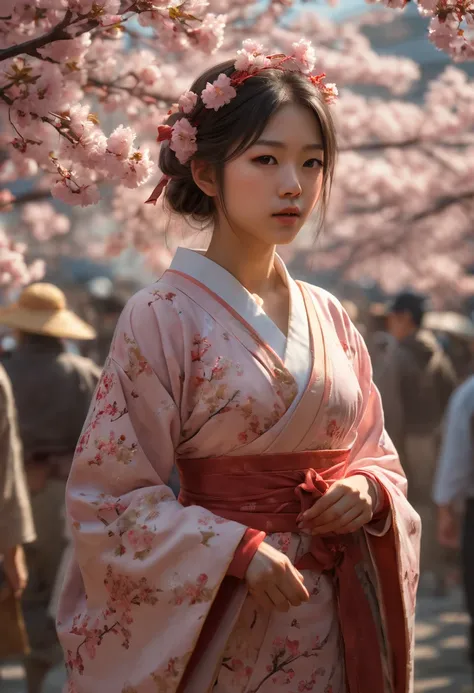 cinematic still, Sakura Maiden, girl, festival, noon, by Brent Cotton, best quality, masterpiece, Representative work, official art, Professional, Ultra intricate detailed, 8k