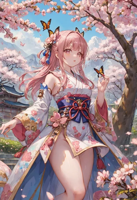 Sakura Maiden, girl, Look at a butterfly in the flower, best quality, masterpiece, Representative work, official art, Professional, Ultra intricate detailed, 8k