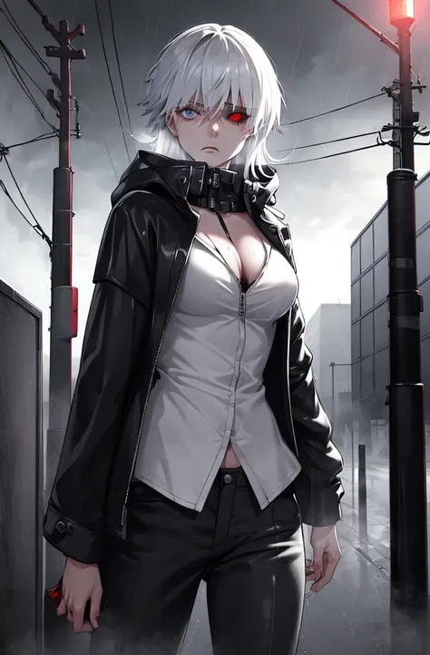 1 sexy female character, Kaneki Fem, unbuttoned hoodie, dripping rain, Red and black and white color palette, detailed eyes and face, One, heterochromia, Black background, bang, red eyes black sclera, blue eyes normal sclera, black and white long hair, Men...