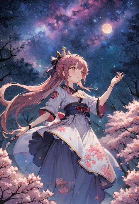 Sakura Maiden, girl, starry sky, best quality, masterpiece, Representative work, official art, Professional, Ultra intricate detailed, 8k