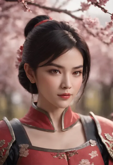 a beautiful short black hair woman, dressed in red samurai armor, red scarlet eyes, with sakura flower in the background, soft lighting, finely detailed features, intricate brush strokes, beautiful lighting, Cinematic, Color Grading, Depth of Field, intric...