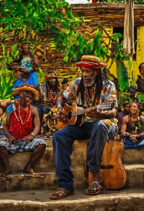 reggae jamaica, people in a square in Jamaica listening to a man playing guitar sitting on the sidewalk. Pure reggae vibes