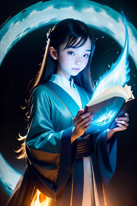 photo of (Japanese 16yo cute girl:1.2). award winning, best quality, (masterpiece:1.2), ultra-detail, 8k, uhd, octane render, fantasy, (style-swirlmagic:0.7), realistic, young witch, slender, wizard costume, reading a magic book, (glowing blue flame swirli...