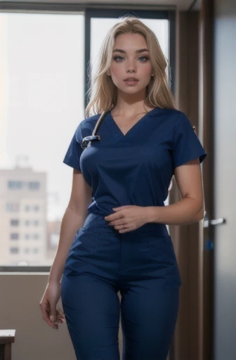 (masterpiece, best quality:1.2), 85mm photo, shallow depth of field, very detailed, 8K, solo, 1 woman, most beautiful 21yo nurse on earth, long blonde hair, blue eyes, massive breasts, huge perky butt, big full lips, (navy blue scrubs, short sleeves, tight...