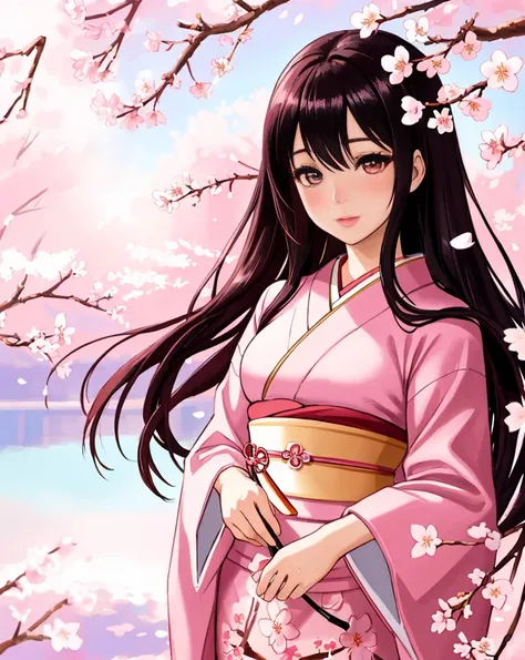 Sakura Maiden, beautiful detailed eyes, beautiful detailed lips, long eyelashes, delicate features, graceful and gentle expression, flowing black hair, adorned with cherry blossom petals, wearing a traditional kimono, standing in a blooming cherry blossom ...