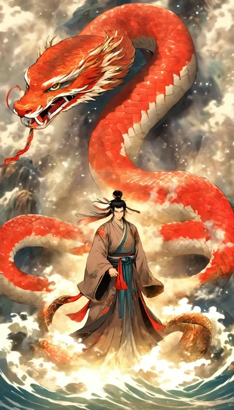 estilo chino，plano medio la escena es，The Taoist priest stood in front of the gigantic roaring water snake，horrible，con espinas，colores rojos，estira tus manos，pelo largo y desordenado，Efectos de brillo，hyper realistic，Ultra photo realism，Chinese black and ...