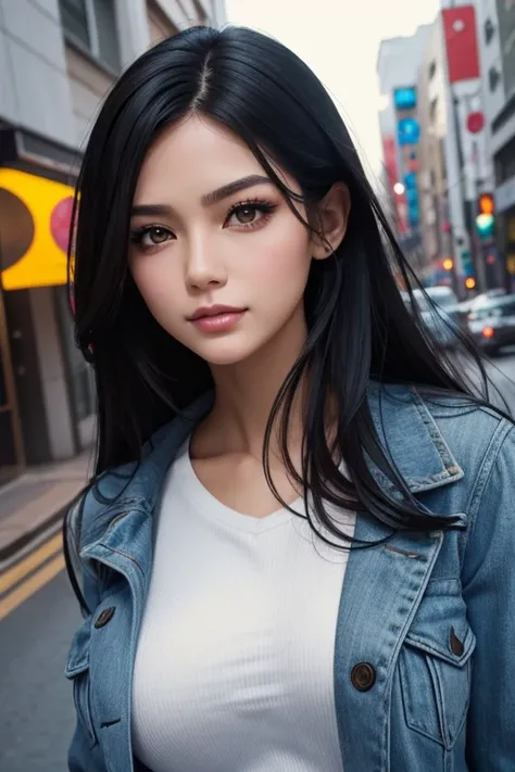 a woman with long black hair, wearing casual clothes, walking in the city, realistic perfect face, beautiful woman face, glam make-up, dark eye make-up, dark brown hair and makeup, perfect face model, Arabella mist-splitter, perfect face ), beautiful lips:...