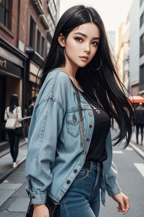 a woman with long black hair, wearing casual clothes, walking in the city, realistic perfect face, beautiful woman face, glam make-up, dark eye make-up, dark brown hair and makeup, perfect face model, Arabella mist-splitter, perfect face ), beautiful lips:...