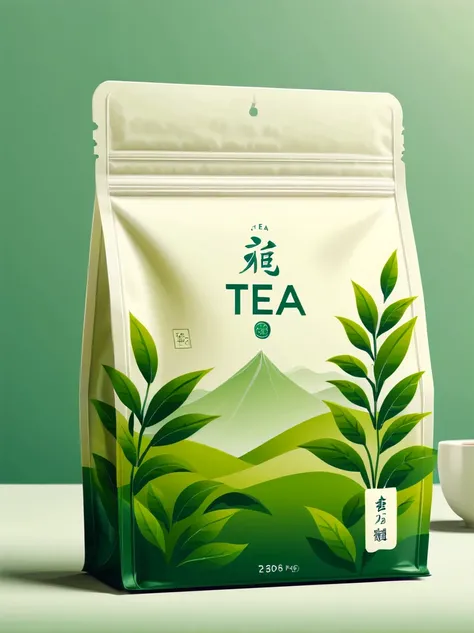 Modern packaging design, 1 tea product packaging bag，Flat style tea illustration，simple background，HD resolution，simple style，practical，natural light, glossy plastic packaging bags