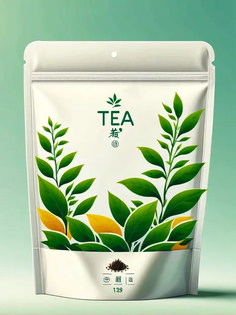 Modern packaging design, 1 tea product packaging bag，Flat style tea illustration，simple background，HD resolution，simple style，practical，natural light, glossy plastic packaging bags