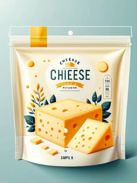 Modern packaging design, 1 cheese product packaging bag，Flat style cheese illustration，simple background，HD，8K，simple style，practical，natural light, glossy plastic packaging bags