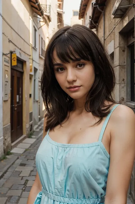 woman walking, Italian street, wearing maxi dress, portrait, short hair, wavy dark brown hair with bangs, selfie of a young woman, without makeup, natural makeup, looking directly at the camera, subtle makeup, piercing brown eyes, beautiful angle, attracti...