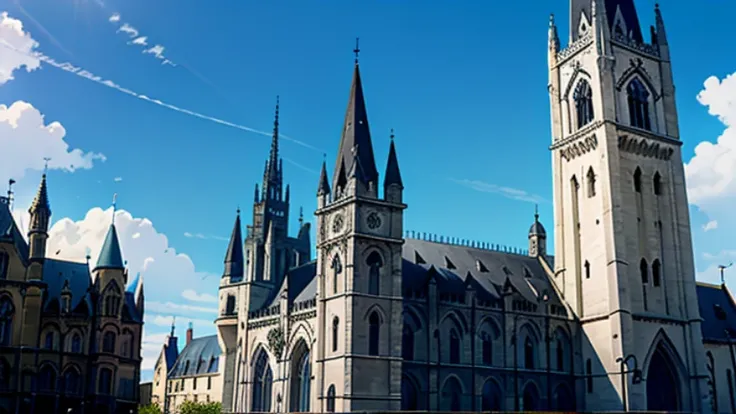 Gothic building, blue sky in background, daytime.