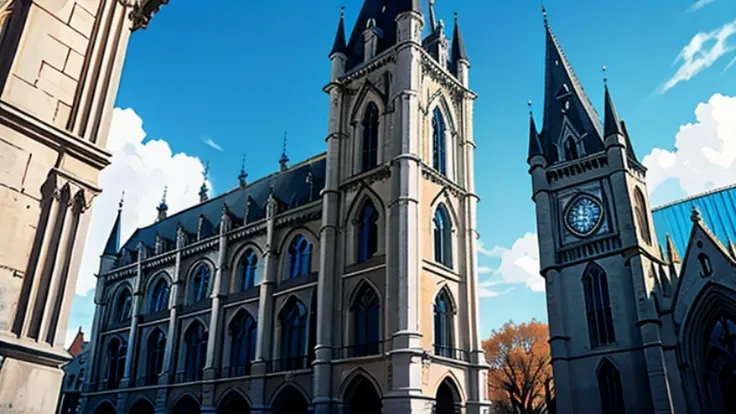 Gothic building, blue sky in background, daytime.