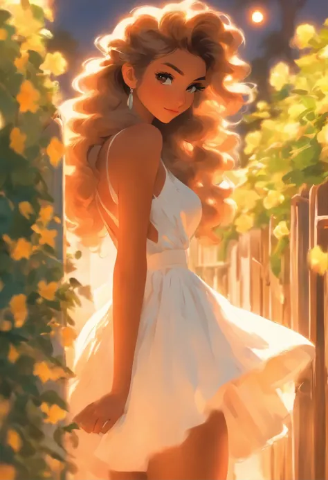 araffe woman in a white dress leaning on a fence, in style of petra collins, wearing a cute white dress, isabela moner, petra collinadison beer, in a dress, soft devil queen madison beer, violet myers, wearing in a summer dress, pretty white dress, wearing...